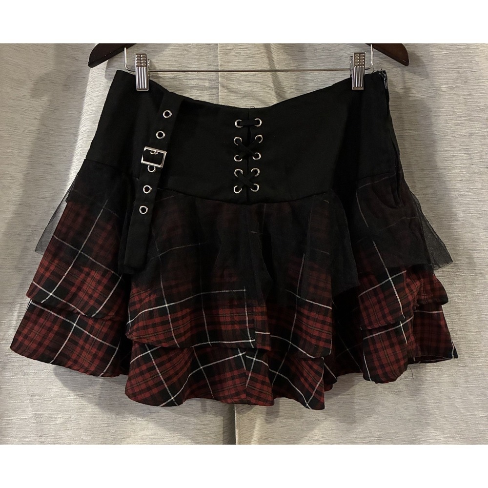 Hot Topic Black Red Plaid Goth Punk Rock Metal Mini Skirt Medium Lace Up Buckle